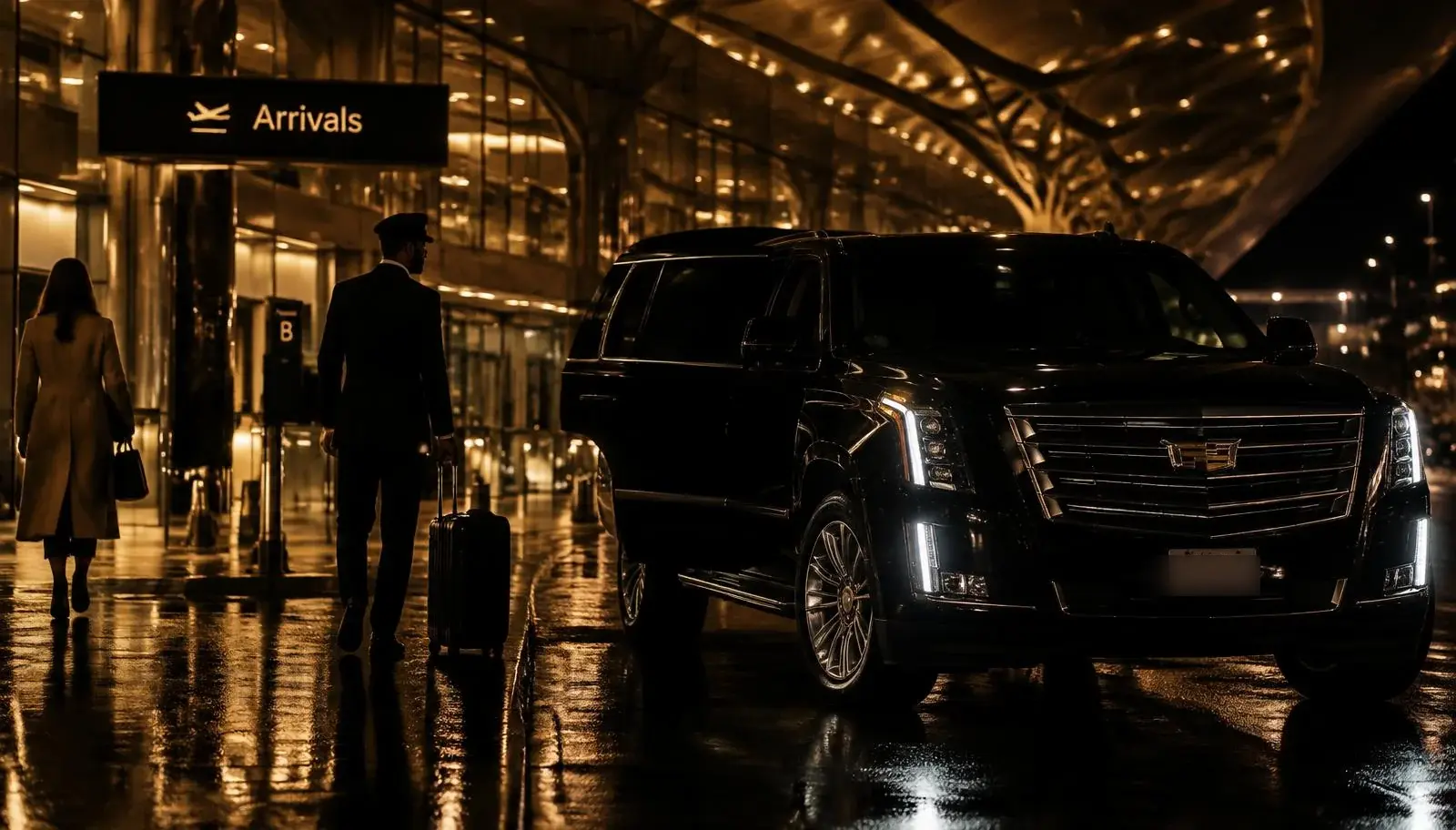 Chauffeur with luggage beside a black luxury SUV at an airport arrivals curb at night