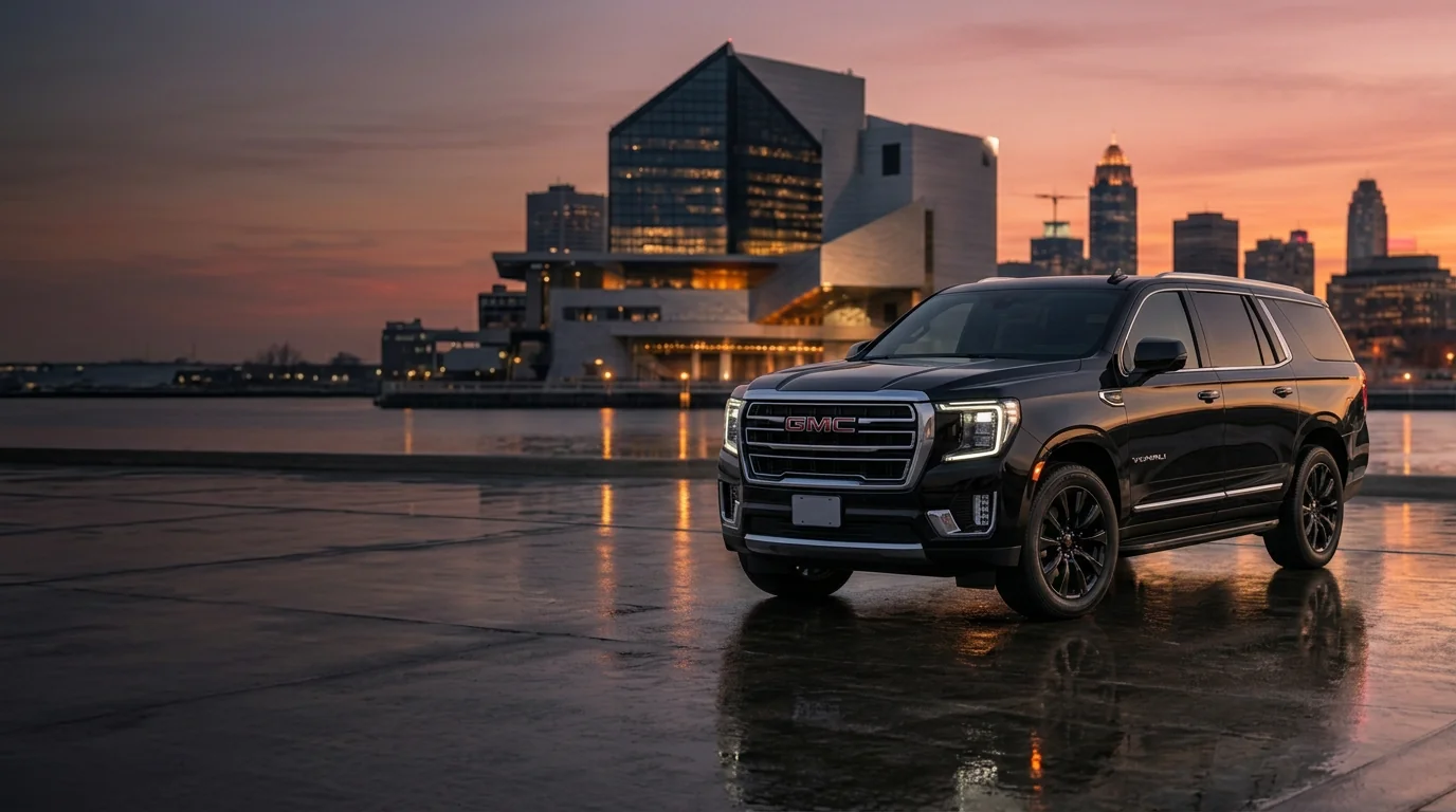Black GMC Yukon Denali on wet reflective pavement beside the Cleveland waterfront at sunset